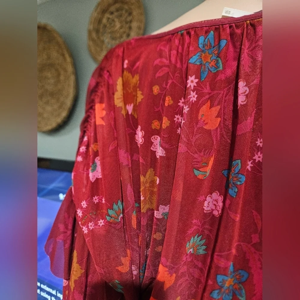 FREE PEOPLE Sheer Floral Wildflower Ruffle Sleeve Boho Blouse. XS